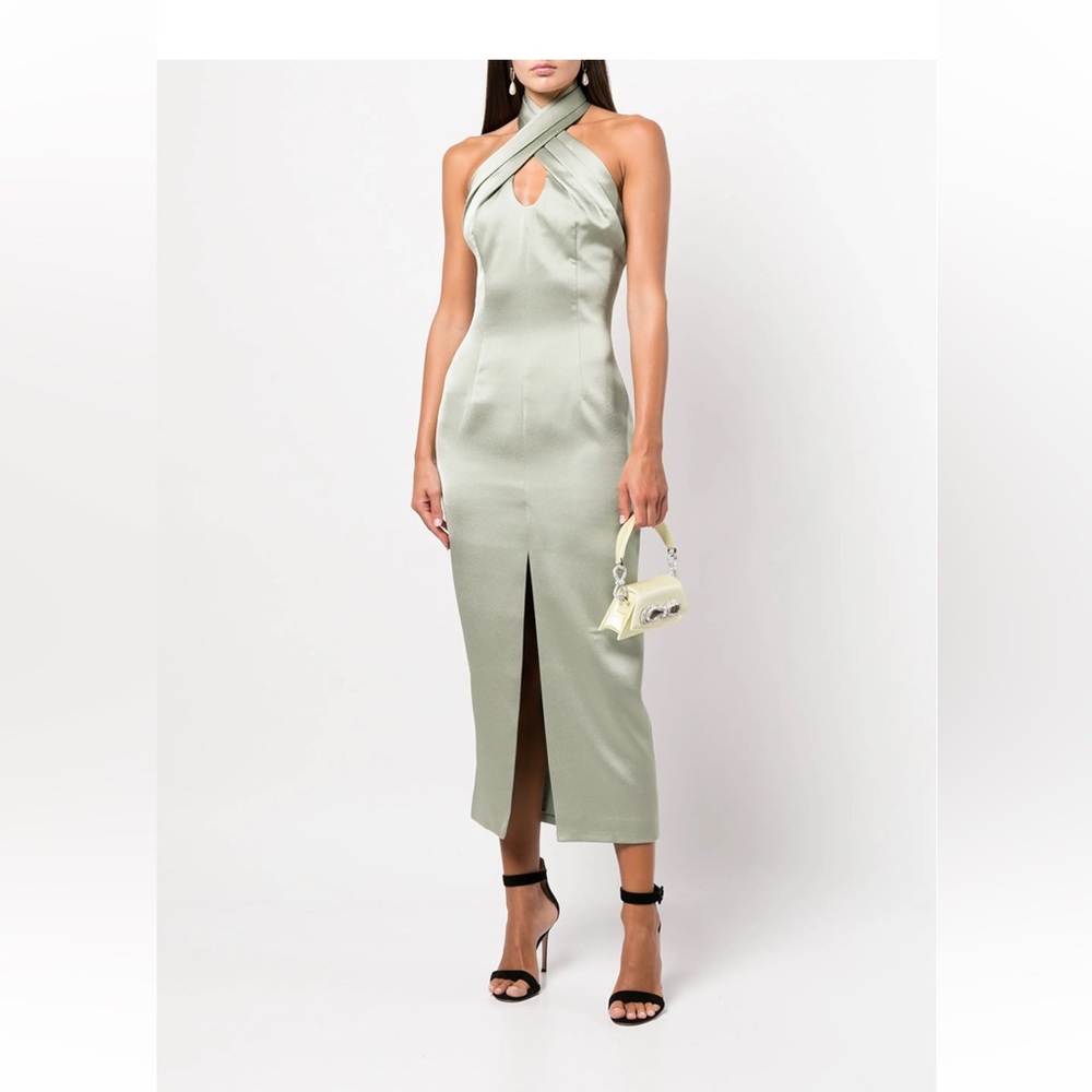 RASARIO DRAPED SATIN MIDI DRESS OLIVE